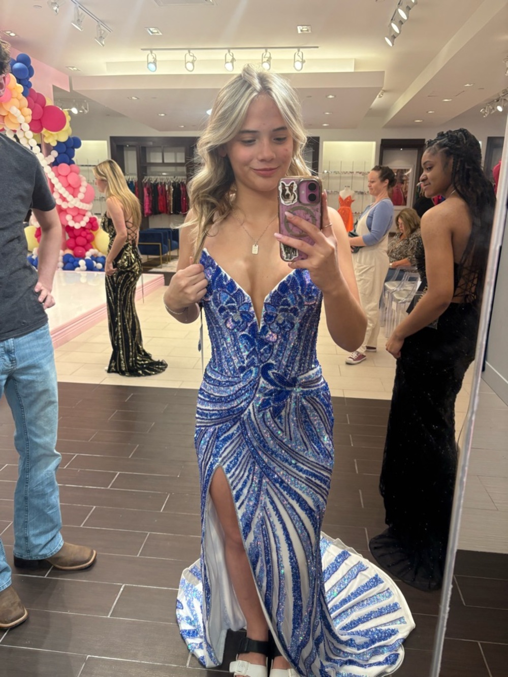Royal Blue Sequined Prom Gown with Front Slit - Picture 1 of 5